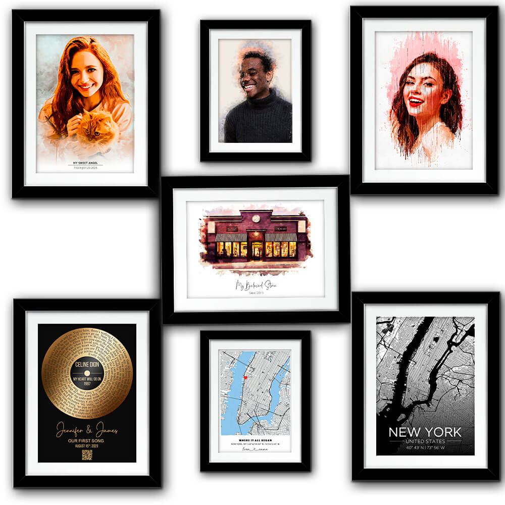 Frame collage of custom gifts from the website