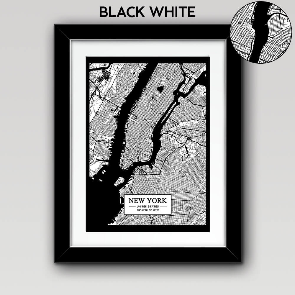 Map of Any City with Text on Rectangle Black White