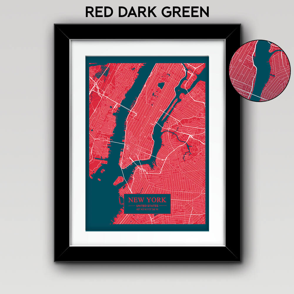 Map of Any City with Text on Rectangle Red Dark Green
