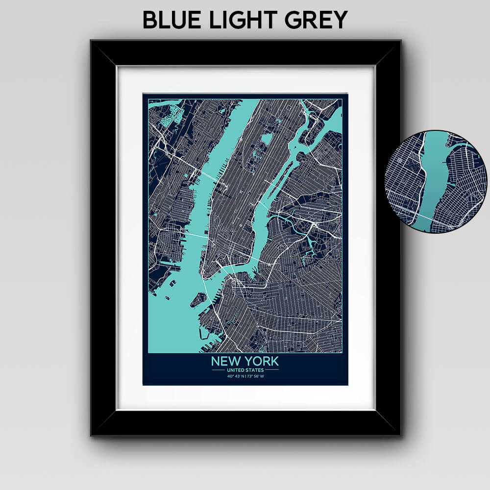 Map of Any City with Text on the Top Bottom Blue Light Grey