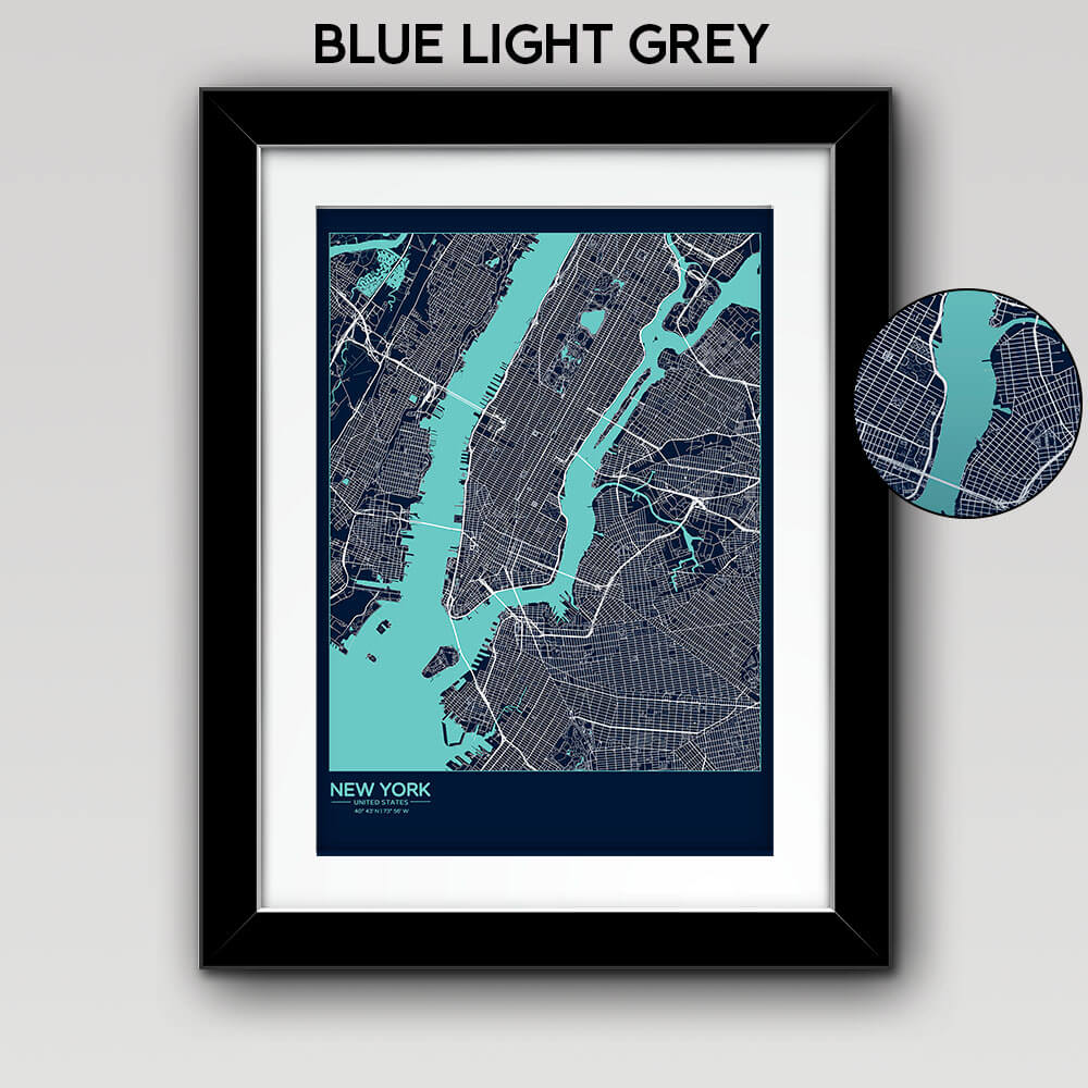 Map of Any City with Text on the Bottom Left Blue Light Grey