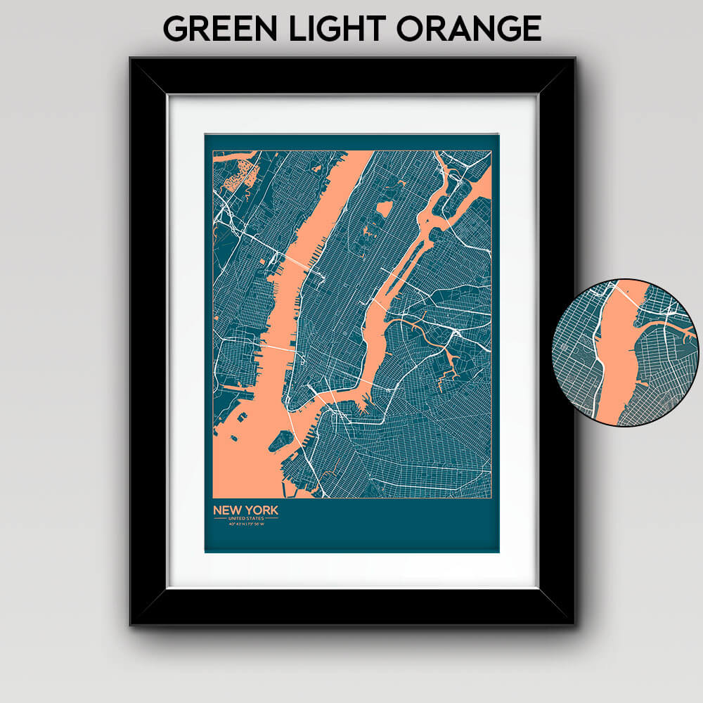 Map of Any City with Text on the Bottom Left Green Light Orange