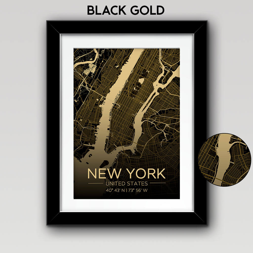 Map of Any City with Text on the Bottom Black Gold