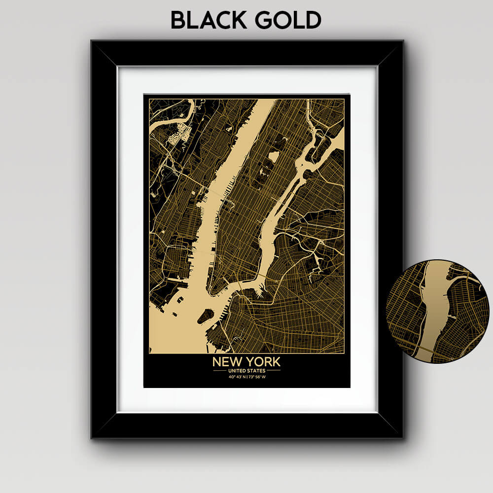 Map of Any City with Text on the Top Bottom Black Gold