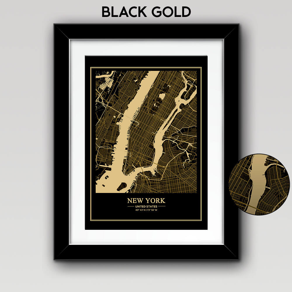 Map of Any City with Text on the Bottom Black Gold