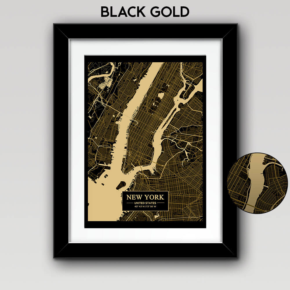 Map of Any City with Text on Rectangle Black Gold