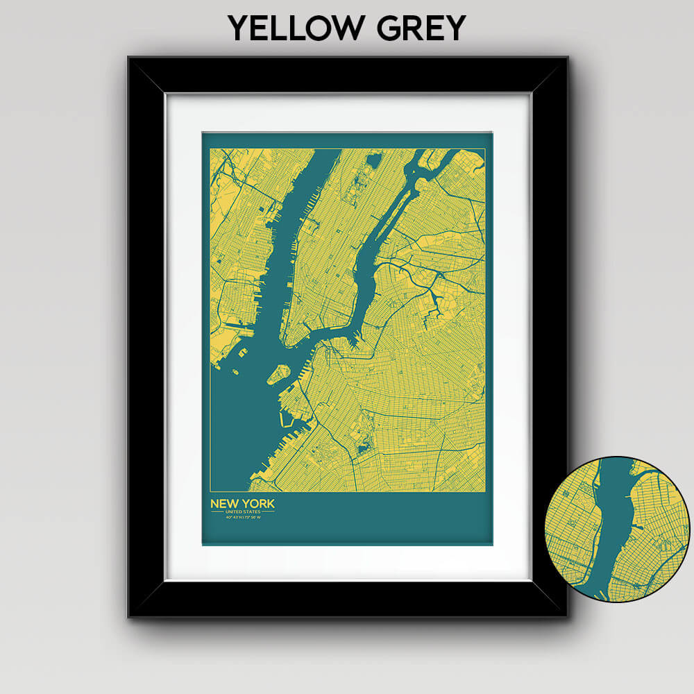 Map of Any City with Text on the Bottom Left Yellow Grey