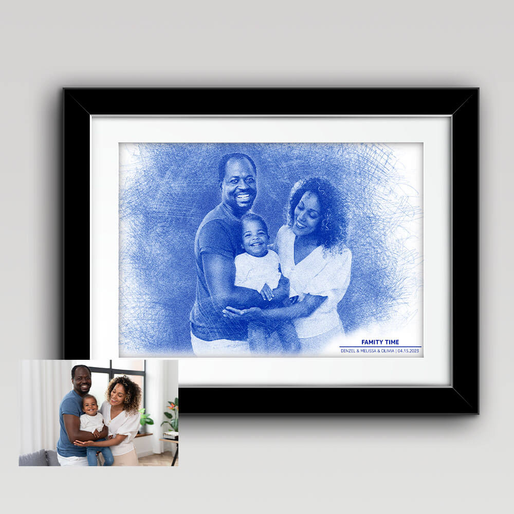 Blue Pencil Sketch family Portrait from Photo 3
